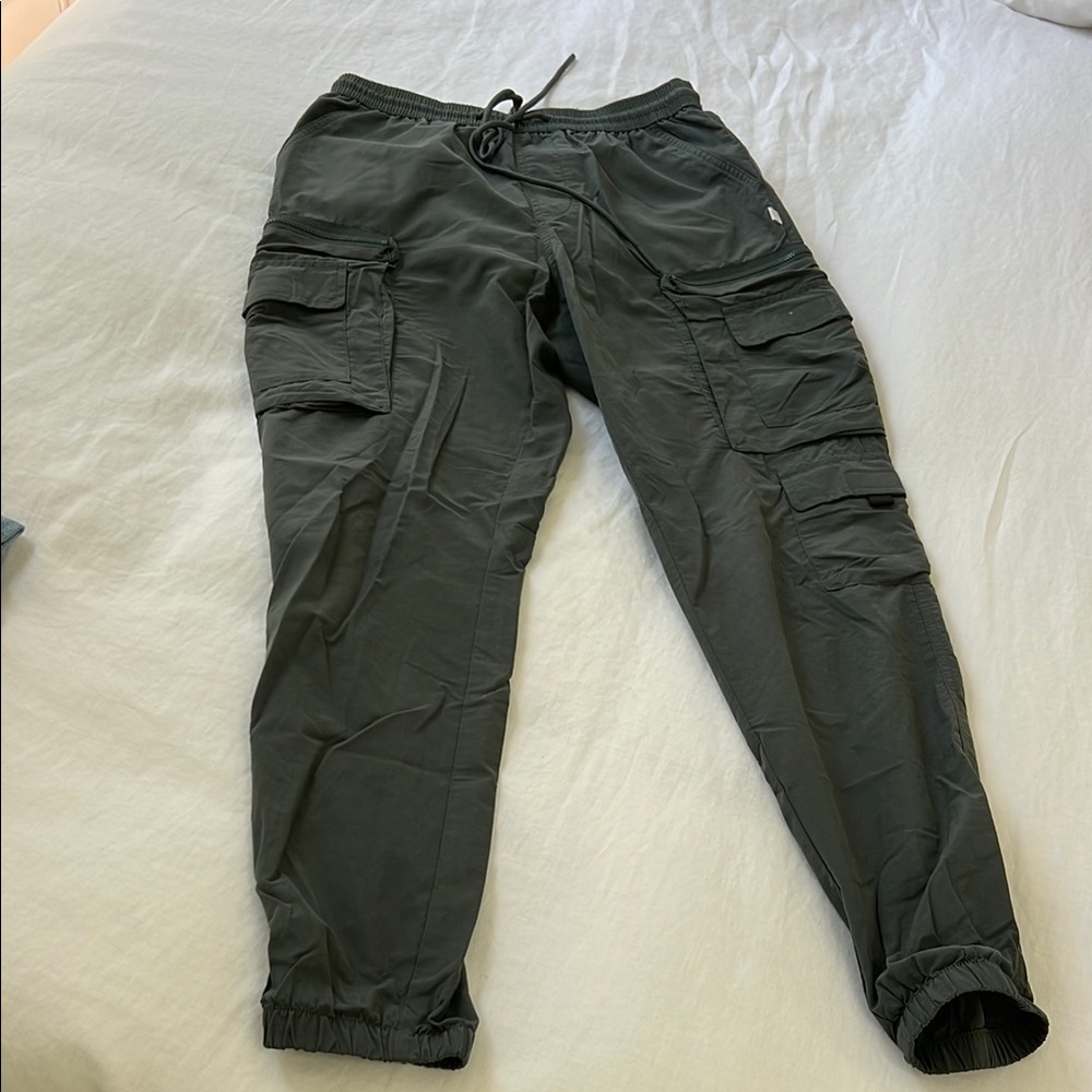 Olive Green Cargo Pants with Elastic Waistband and Cuffed Legs